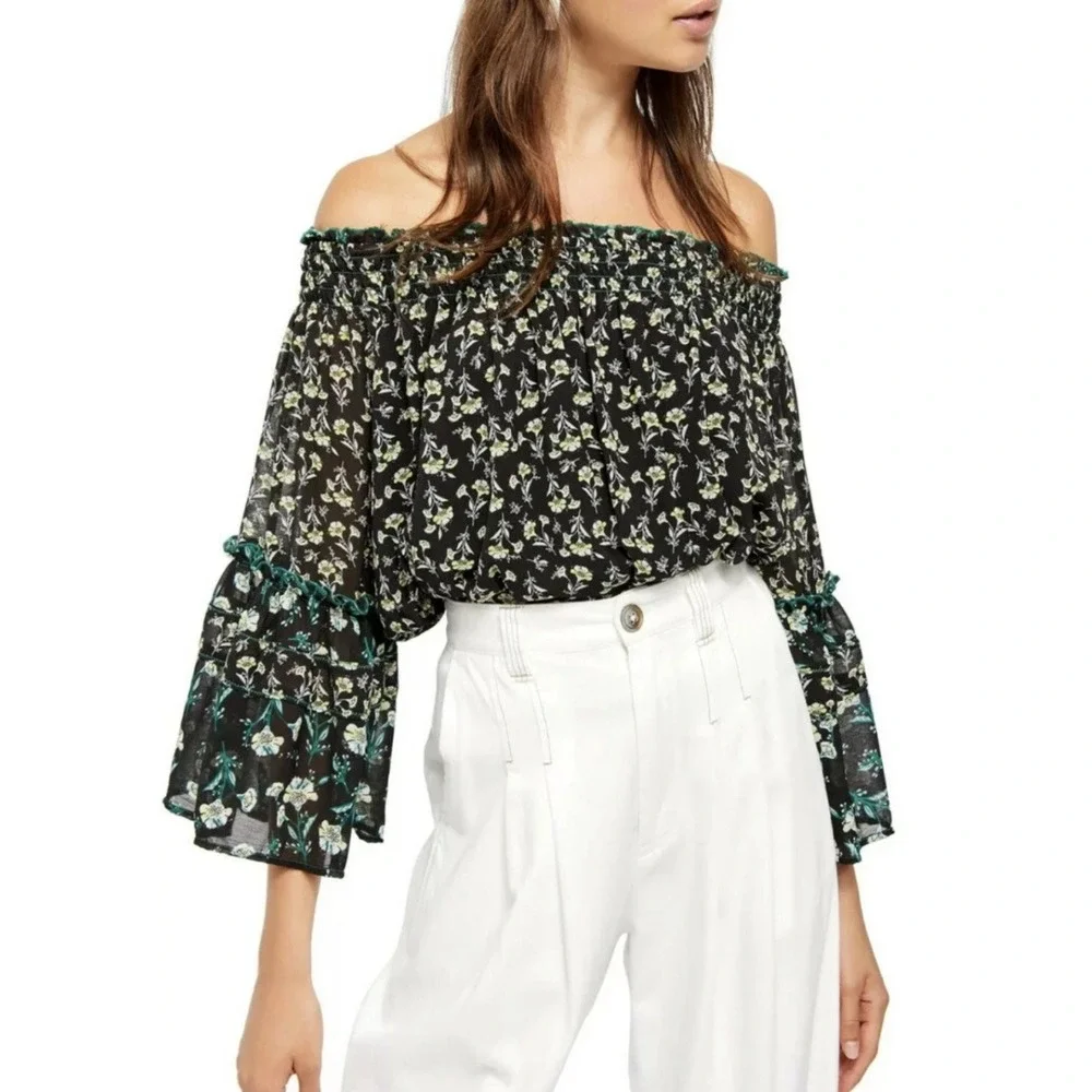 Free People Rose Valley Off The Shoulder Floral Blouse M Boho Peasant Whimsical